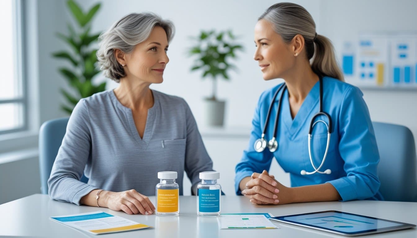 A mature woman consulting with a female healthcare professional in a bright medical office, discussing hormone therapy options with vials and brochures on the table.
