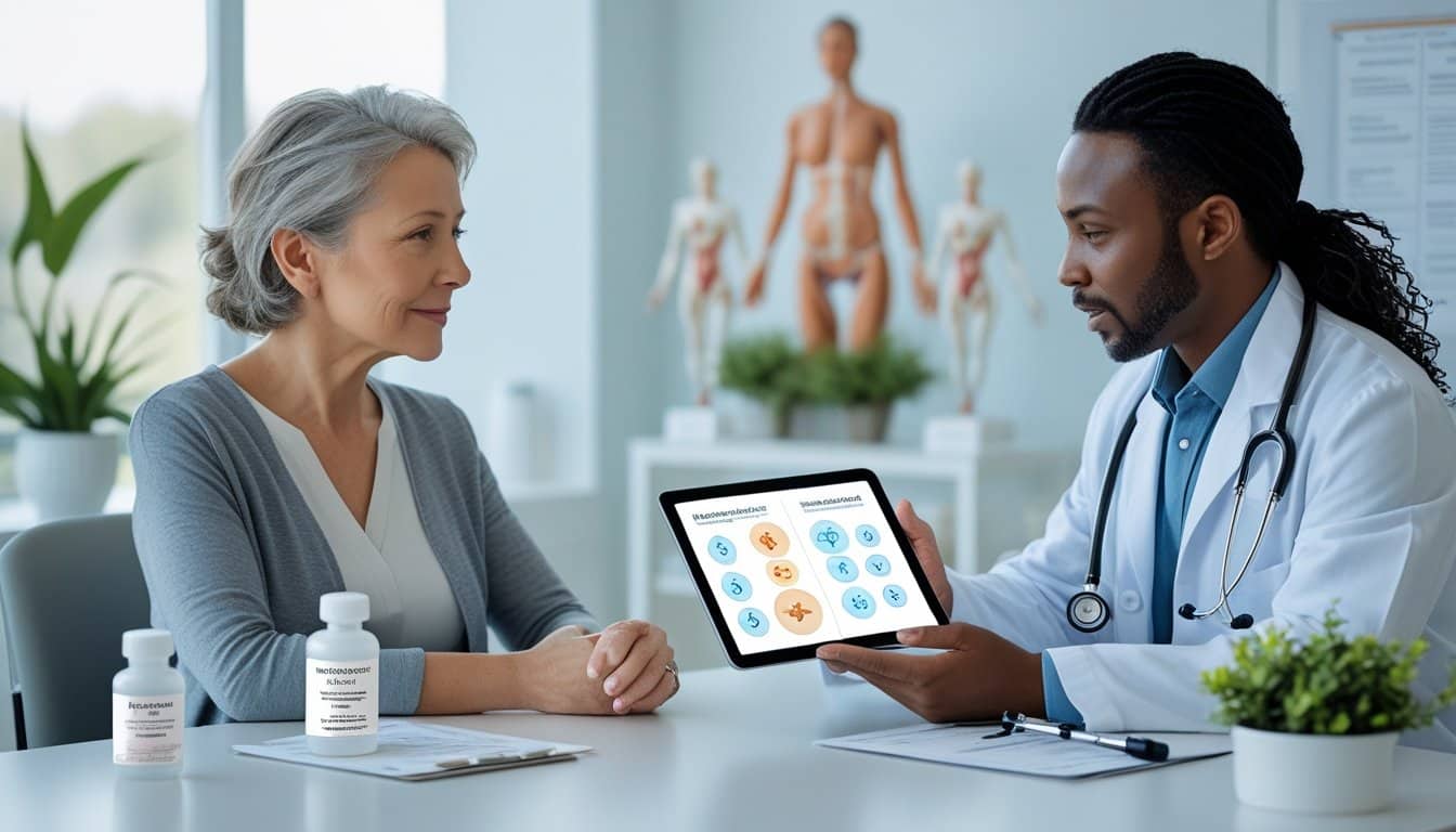 A middle-aged woman and a doctor discussing hormone therapy options in a bright medical office with hormone-related items on the table.