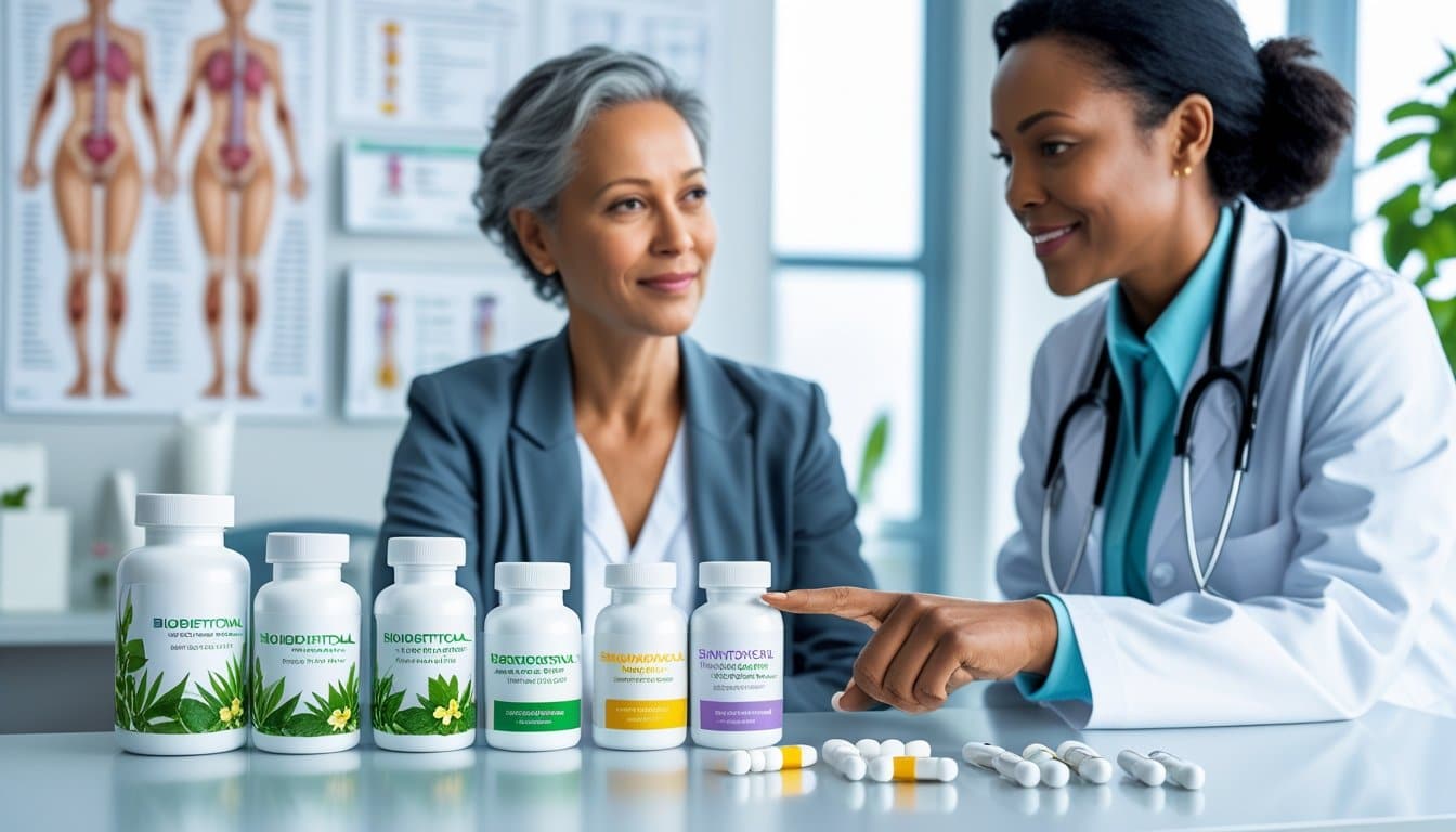 A middle-aged woman consulting with a healthcare professional in a medical office, discussing two types of hormone medications placed on a table.