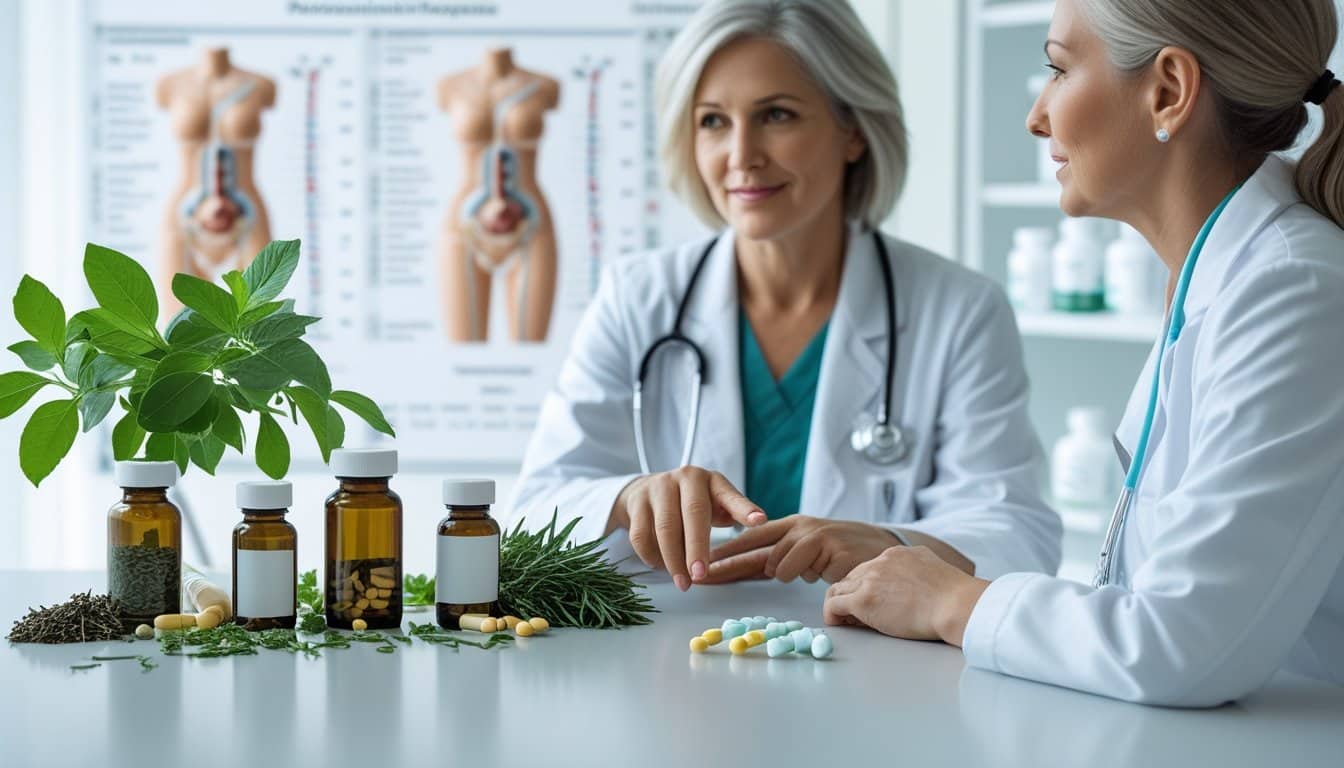 A middle-aged woman consulting a healthcare professional with natural herbs and pharmaceutical pills displayed on a table between them.