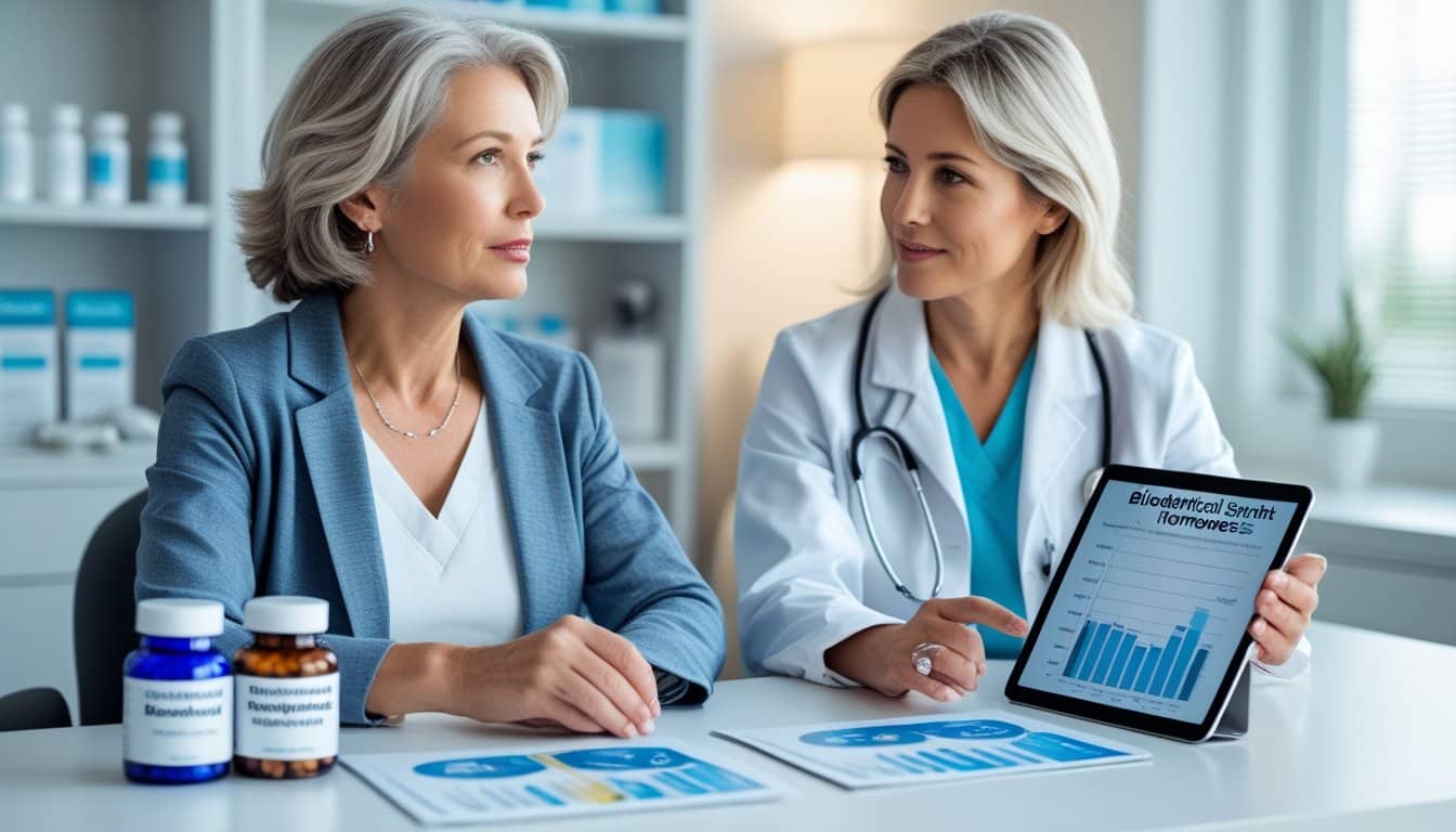 A middle-aged woman discussing hormone treatment options with a healthcare professional in a medical office.