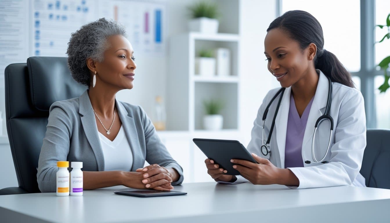 A middle-aged woman consulting with a female healthcare professional in a bright medical office, discussing hormone treatment options.