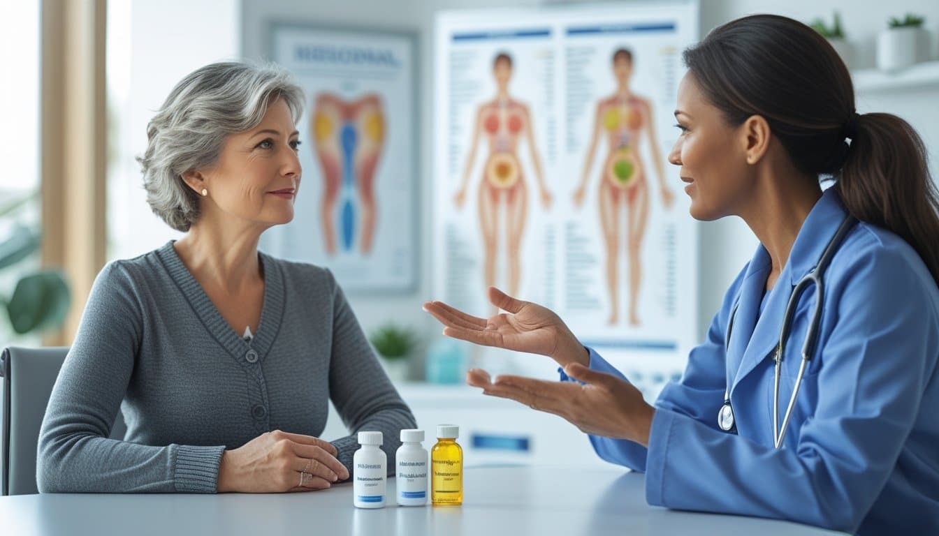 A middle-aged woman consulting with a healthcare professional in a medical office, discussing hormone therapy options with hormone containers on the desk.