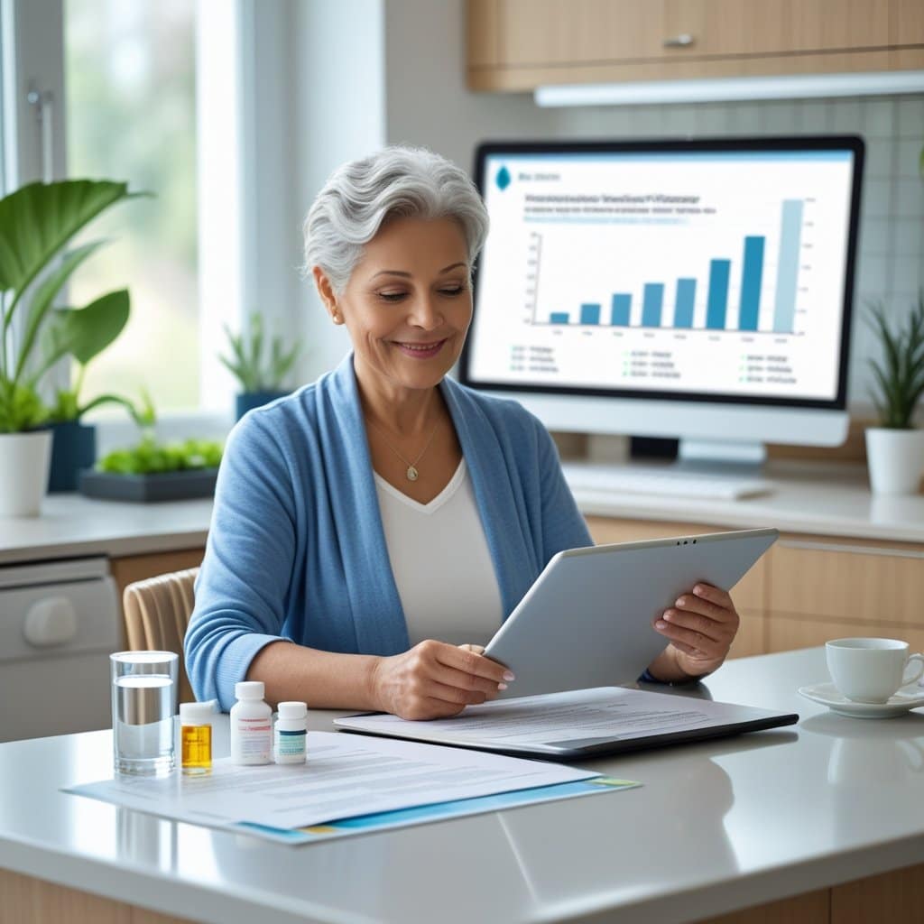 A senior woman sitting at a kitchen table reviewing documents and a tablet with medication bottles and a glass of water nearby.