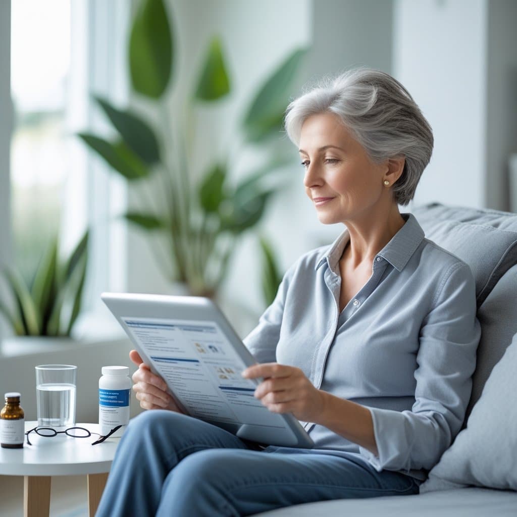 A mature woman in her 60s sitting in a bright living room, thoughtfully reviewing documents with health-related items on a nearby table.
