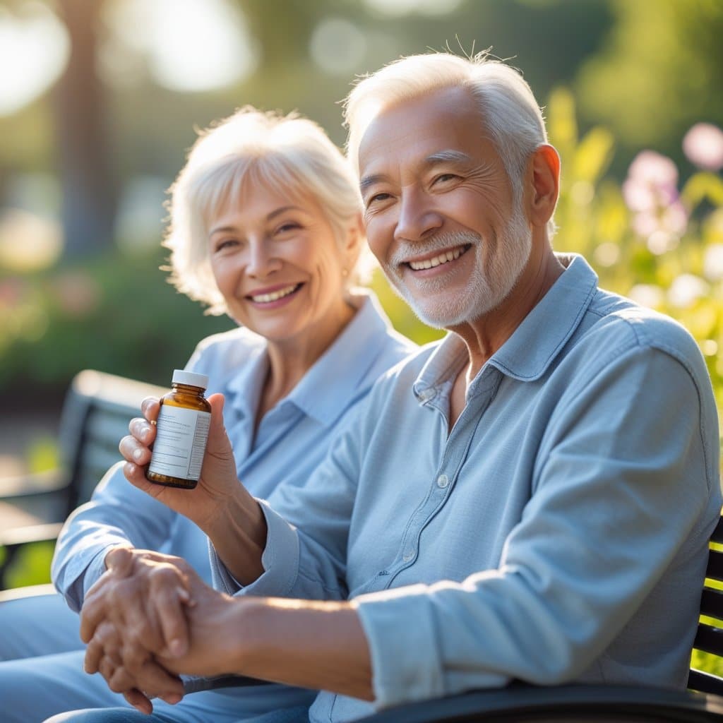 An older adult couple smiling and enjoying time together outdoors in a sunny park.