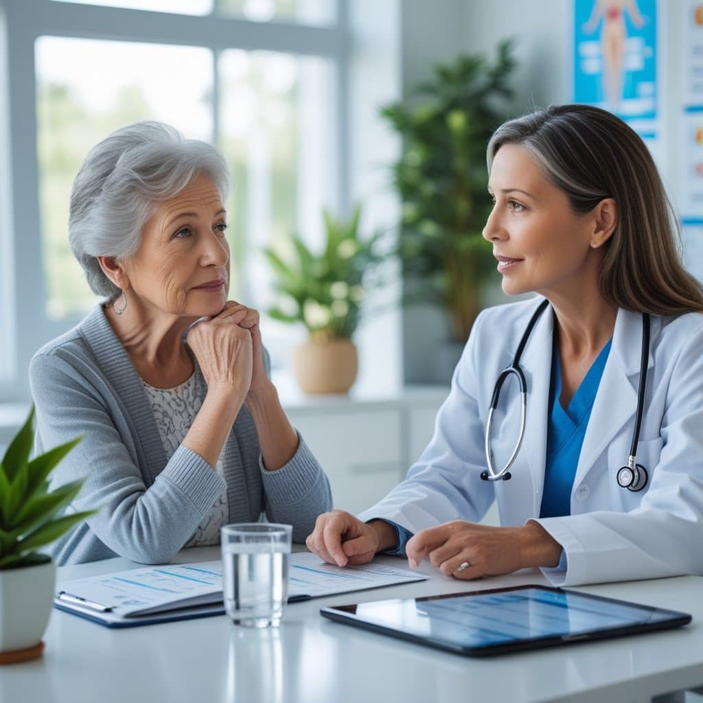 An elderly woman consulting with a female doctor in a medical office, discussing health treatment options.