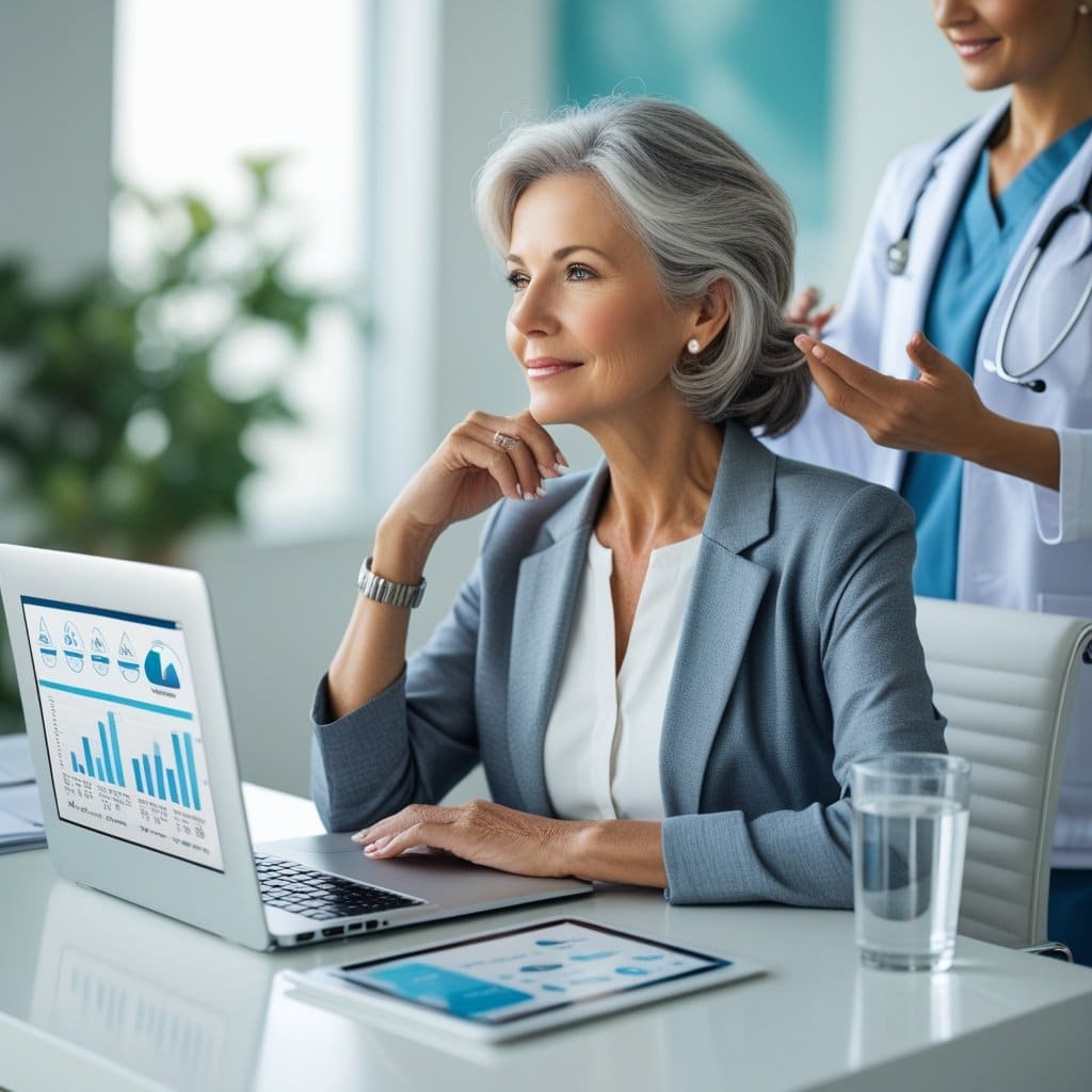 A mature woman consulting with a healthcare professional in a medical office, reviewing health information on a laptop and tablet.