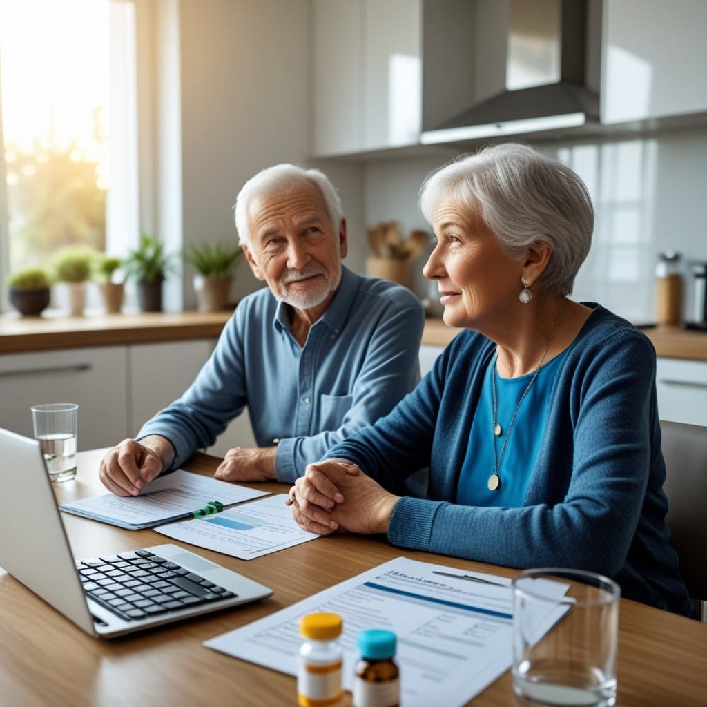 An elderly couple sitting at a kitchen table reviewing documents and using a laptop, with medication bottles nearby, appearing thoughtful and engaged in discussion.