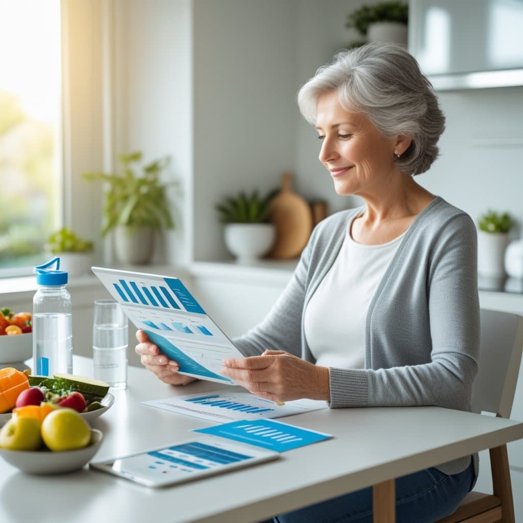 A mature woman in her 60s sitting at a kitchen table reviewing health materials with fruits, walking shoes, and a water bottle nearby.
