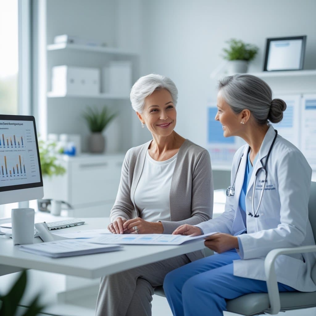 A mature woman in her 60s talks with a healthcare professional in a bright medical office, reviewing health information together.