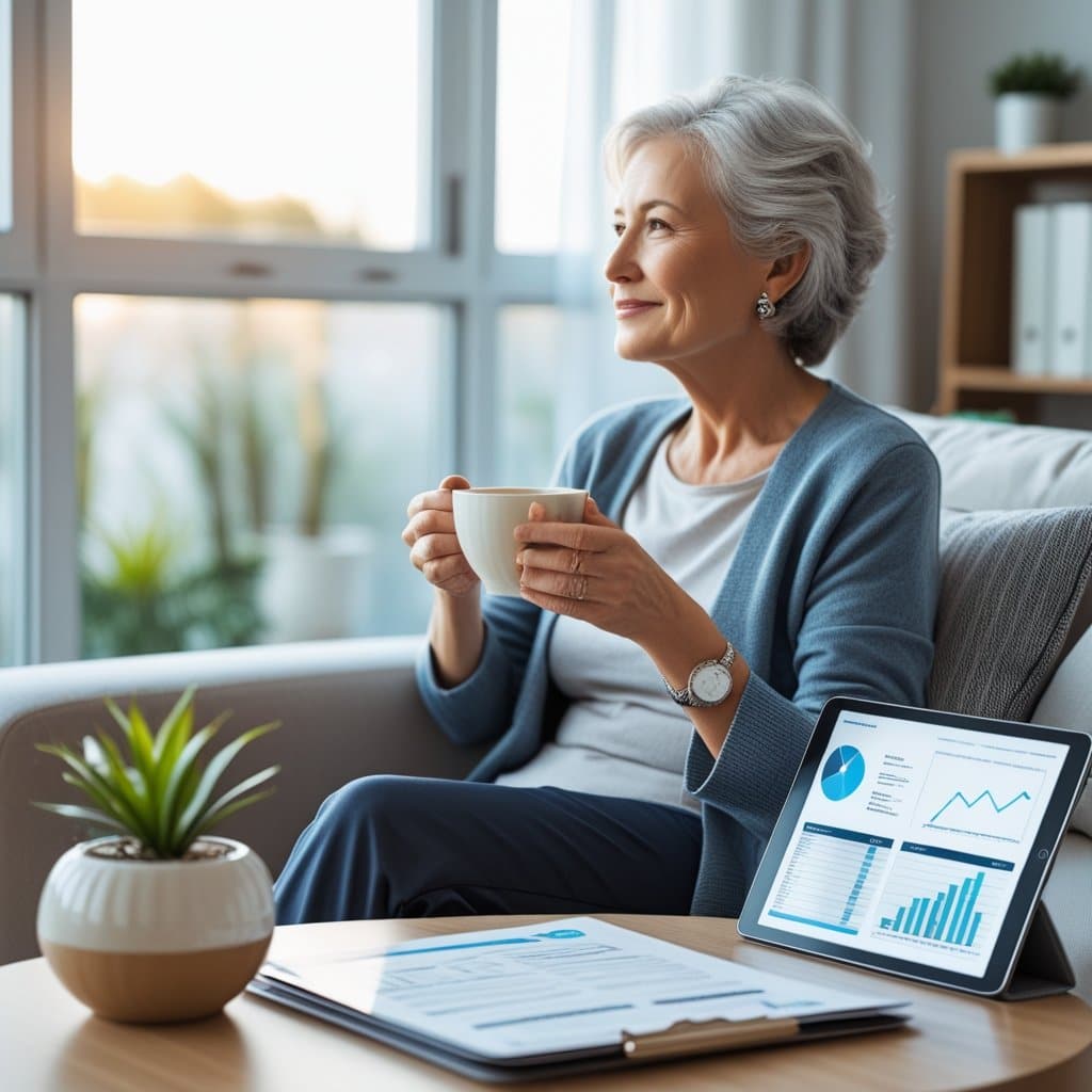 A mature woman in her 60s sitting in a bright living room holding a cup of tea, with medical documents and a tablet on a nearby table.
