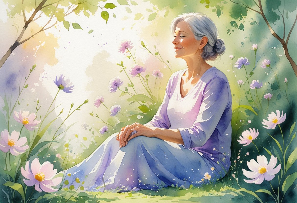 A middle-aged woman sitting peacefully in a garden surrounded by flowers and greenery, looking calm and content.