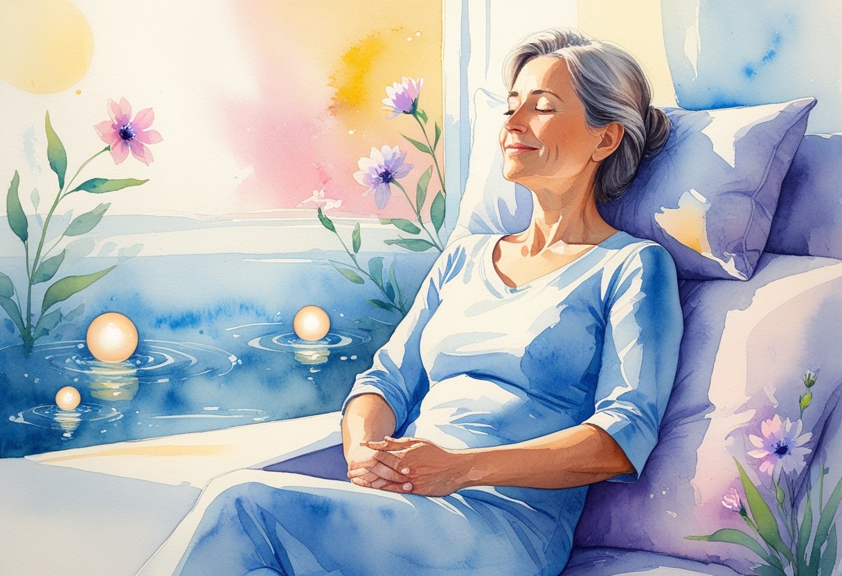 A middle-aged woman sitting peacefully in a sunlit room surrounded by blooming flowers and soft colors, conveying calmness and renewal.