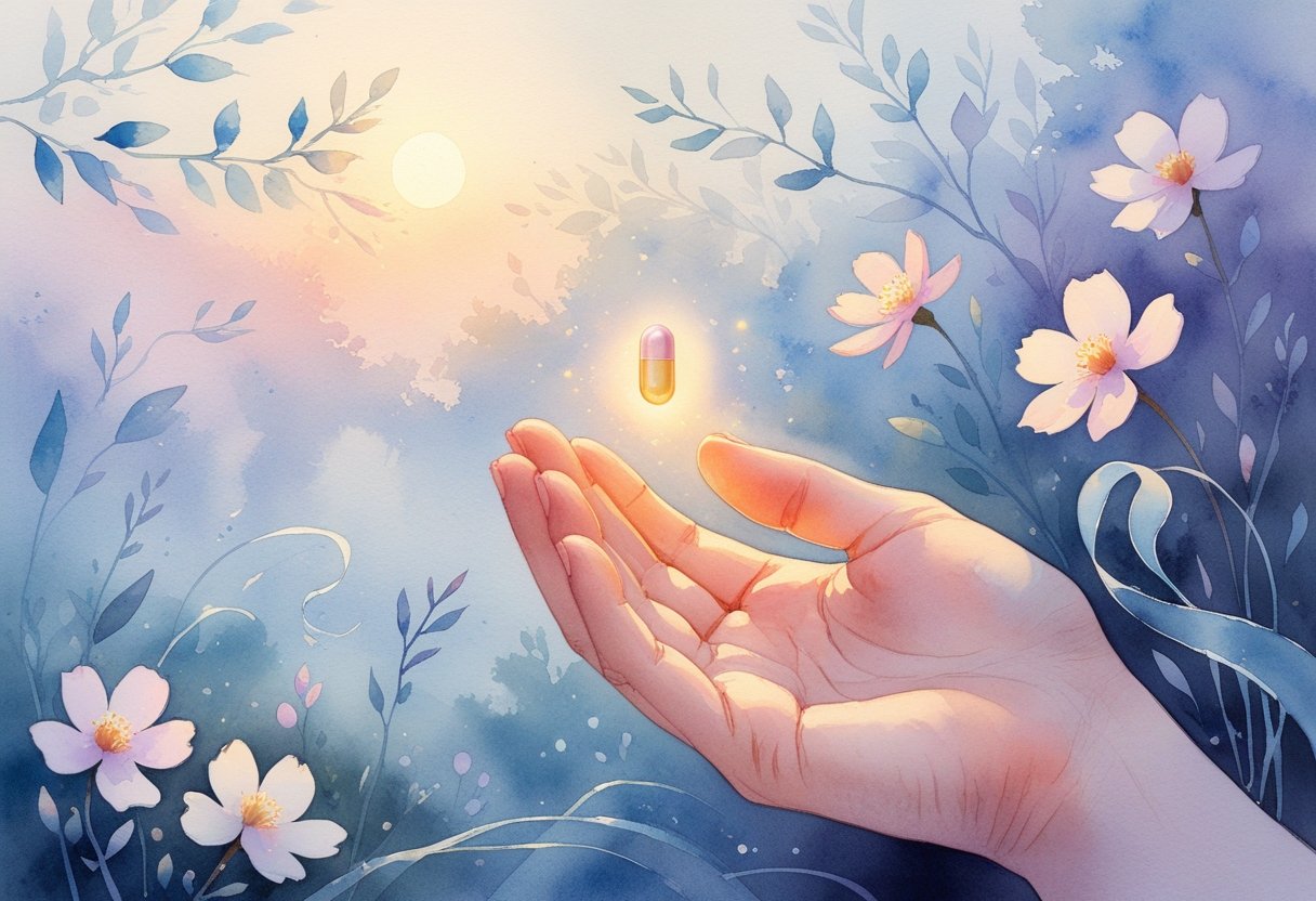 A hand holding a small glowing pellet with blooming flowers and soft sunlight in the background, symbolizing healing and renewal.