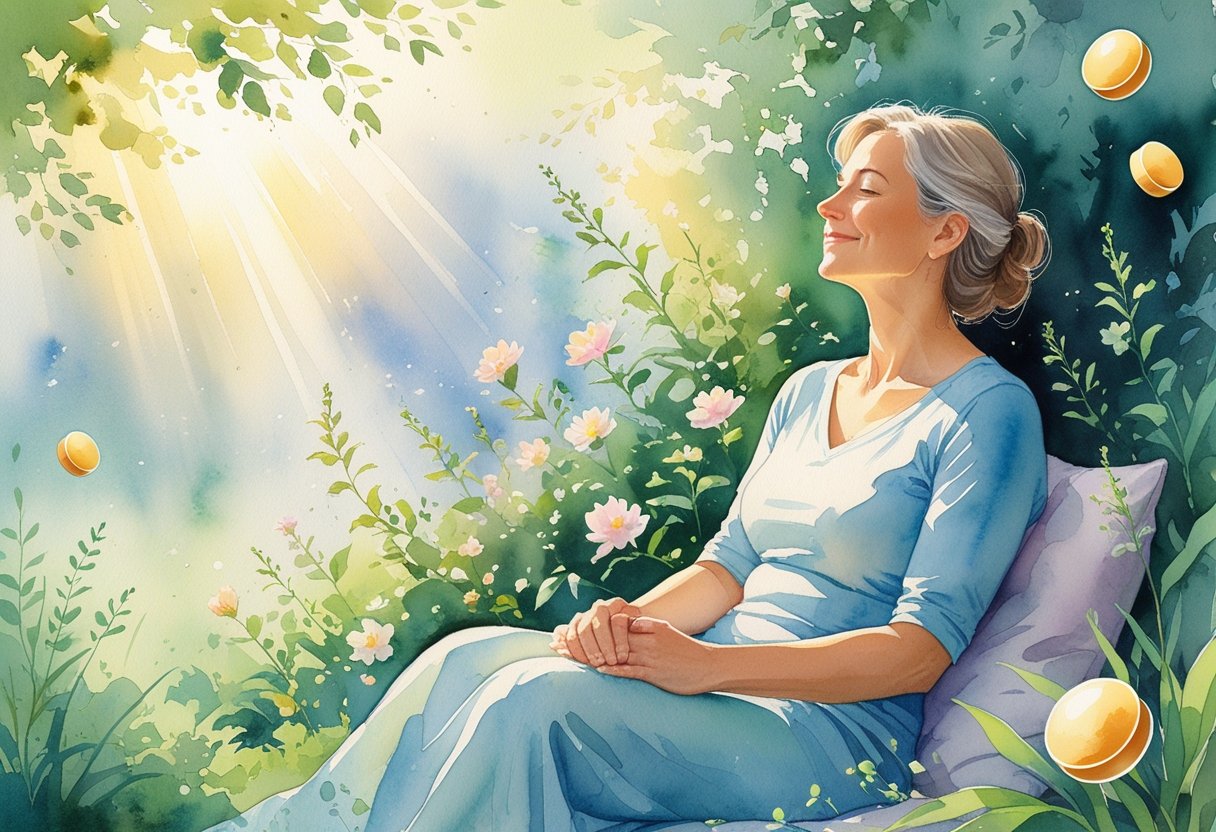 A middle-aged woman sitting peacefully in a sunlit garden surrounded by flowers and greenery, looking calm and content.