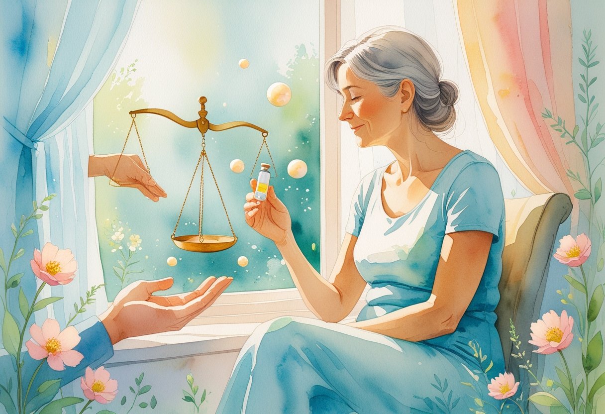 A middle-aged woman sitting peacefully by a window holding a small vial, surrounded by gentle symbols of balance and protection, with flowers and soft greenery in the background.