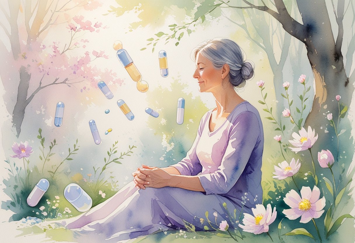 A middle-aged woman sitting peacefully outdoors surrounded by symbolic representations of menopause treatments including hormone pellets, pills, and natural remedies.