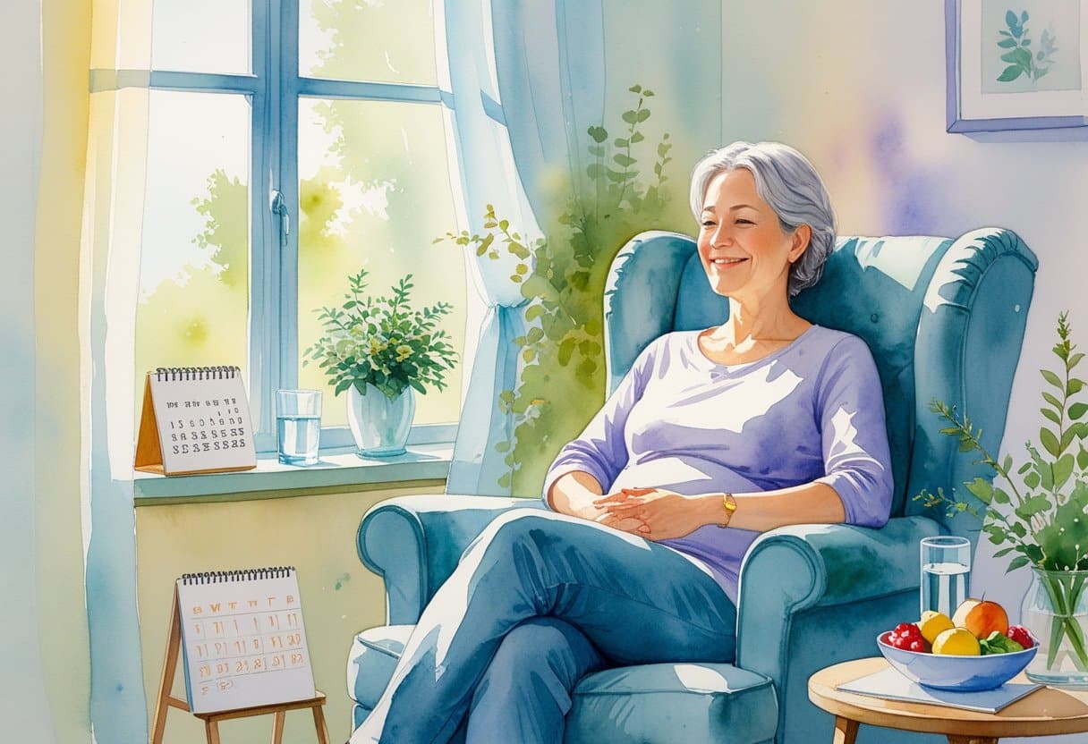 A middle-aged woman sitting comfortably in a cozy armchair by a window with natural light, surrounded by a calendar, a glass of water, and fresh fruits, conveying a peaceful and supportive environment.