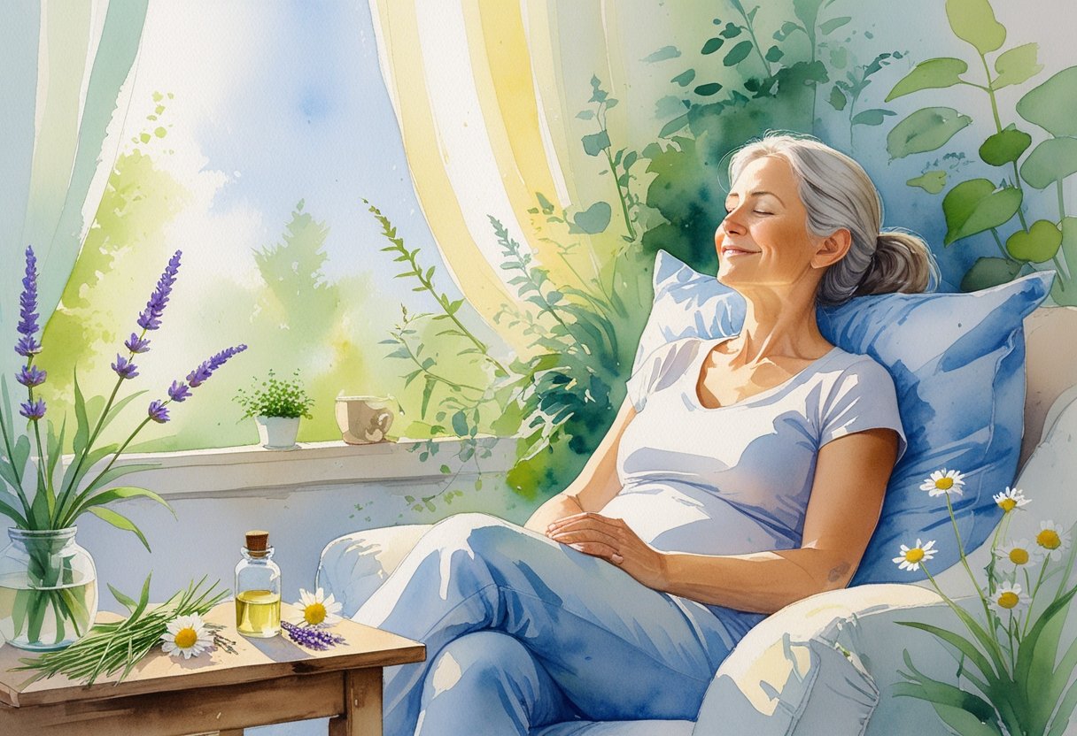 A middle-aged woman sitting peacefully in a sunlit room surrounded by plants and natural items on a table, conveying calmness and renewal.