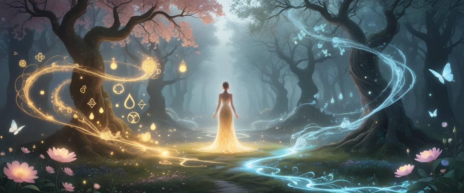 A glowing female figure stands at a magical crossroads in an enchanted forest, with one path lit by golden light and floating vials, and the other path bathed in silvery moonlight with subtle medical elements, surrounded by glowing flowers and butterflies.