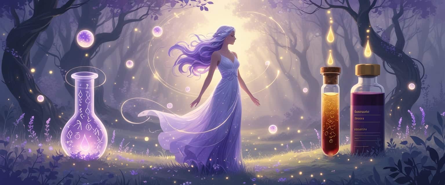 A radiant woman with flowing silver hair stands in a glowing forest surrounded by floating orbs and mystical vials, symbolizing hormonal balance and transformation.