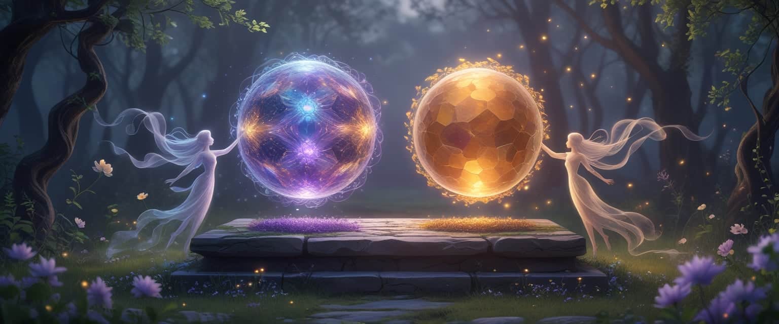 A mystical forest clearing with two glowing orbs floating above a stone altar, surrounded by gentle wisps and blooming vines.