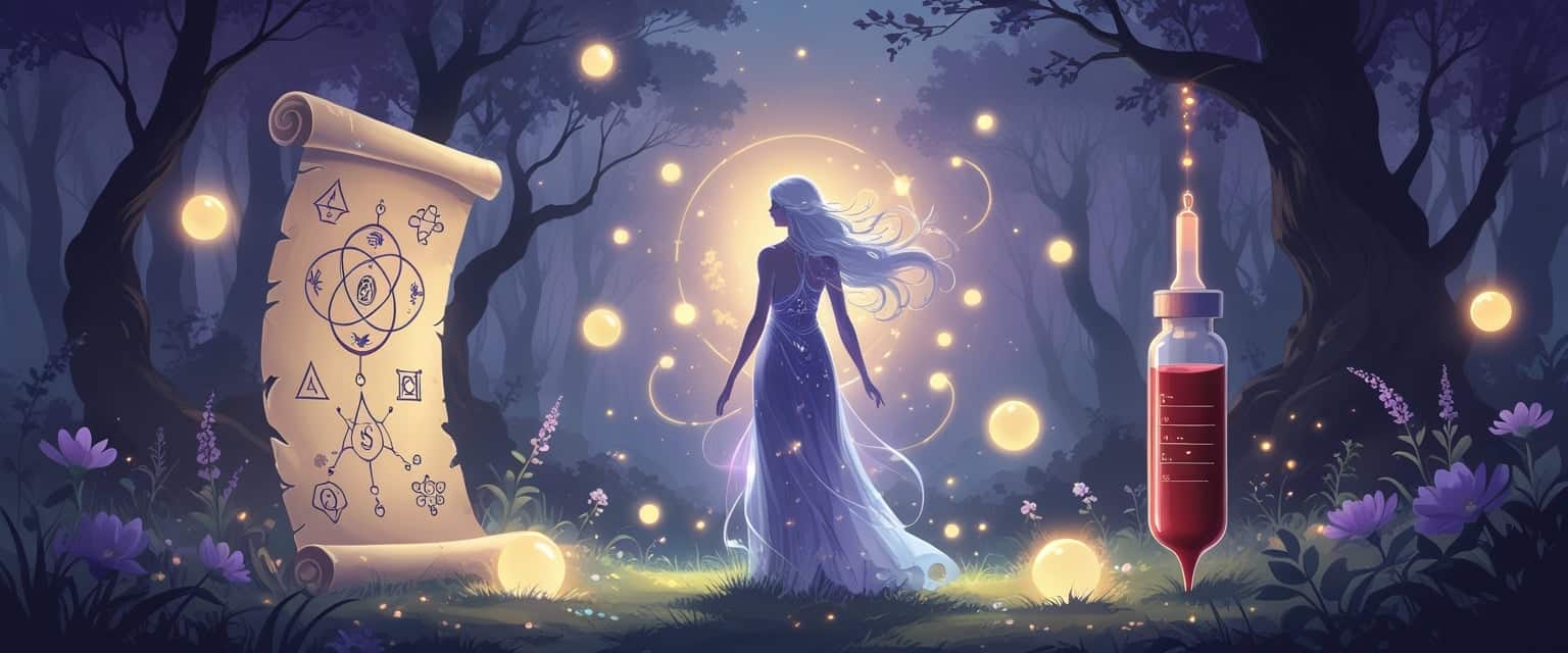 A glowing female figure stands in a mystical forest surrounded by floating orbs, an ancient scroll on one side and a glowing blood vial on the other, with soft twilight colors and blooming flowers in the background.