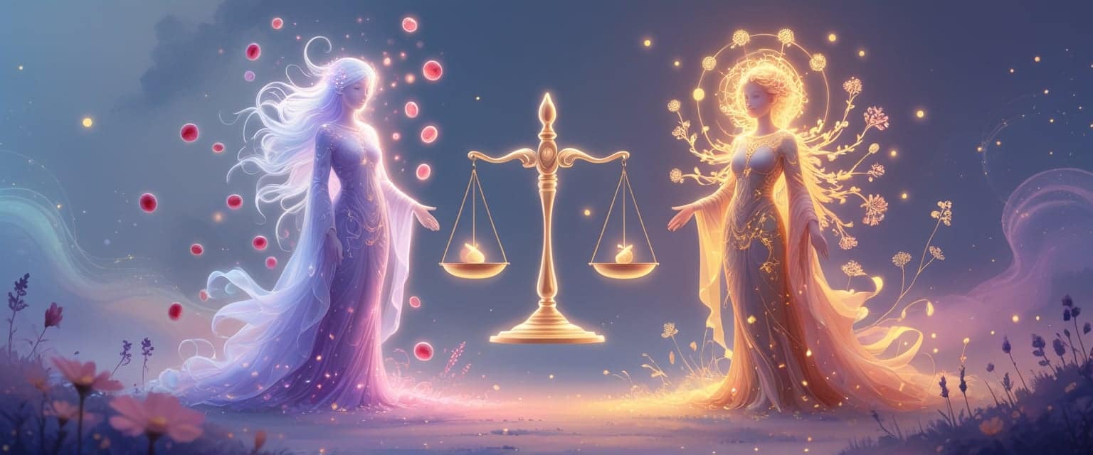 Two glowing figures representing different medical tests stand on either side of a floating balance in a misty, pastel-colored landscape with soft lights and abstract symbols of blood and hormones.