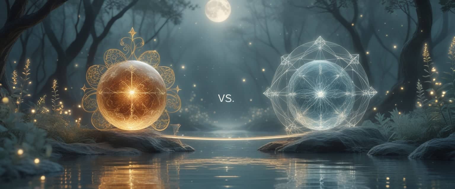 Two glowing orbs floating in a misty forest clearing, connected by a shimmering bridge of light, surrounded by softly glowing plants and stars.