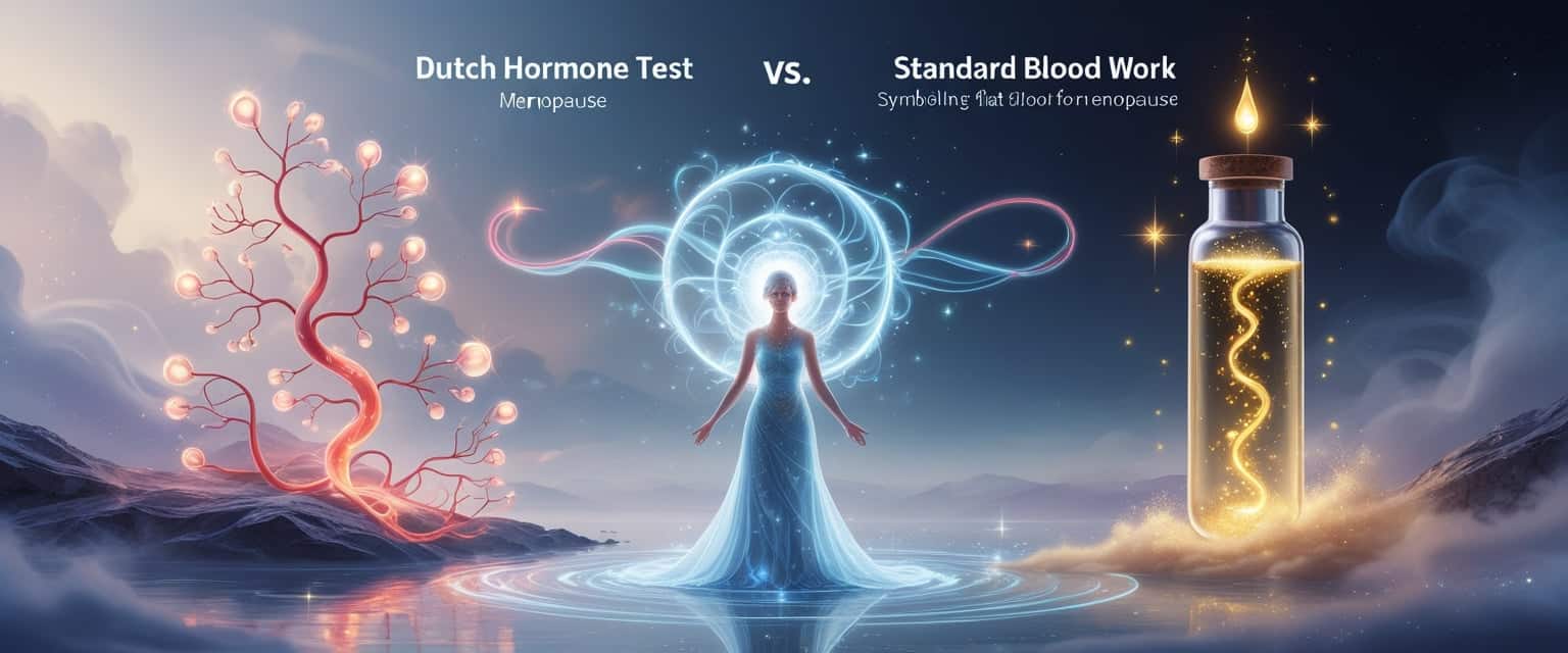 A glowing female figure stands between glowing blood vessels and a magical vial, surrounded by mist and soft light in a celestial landscape.