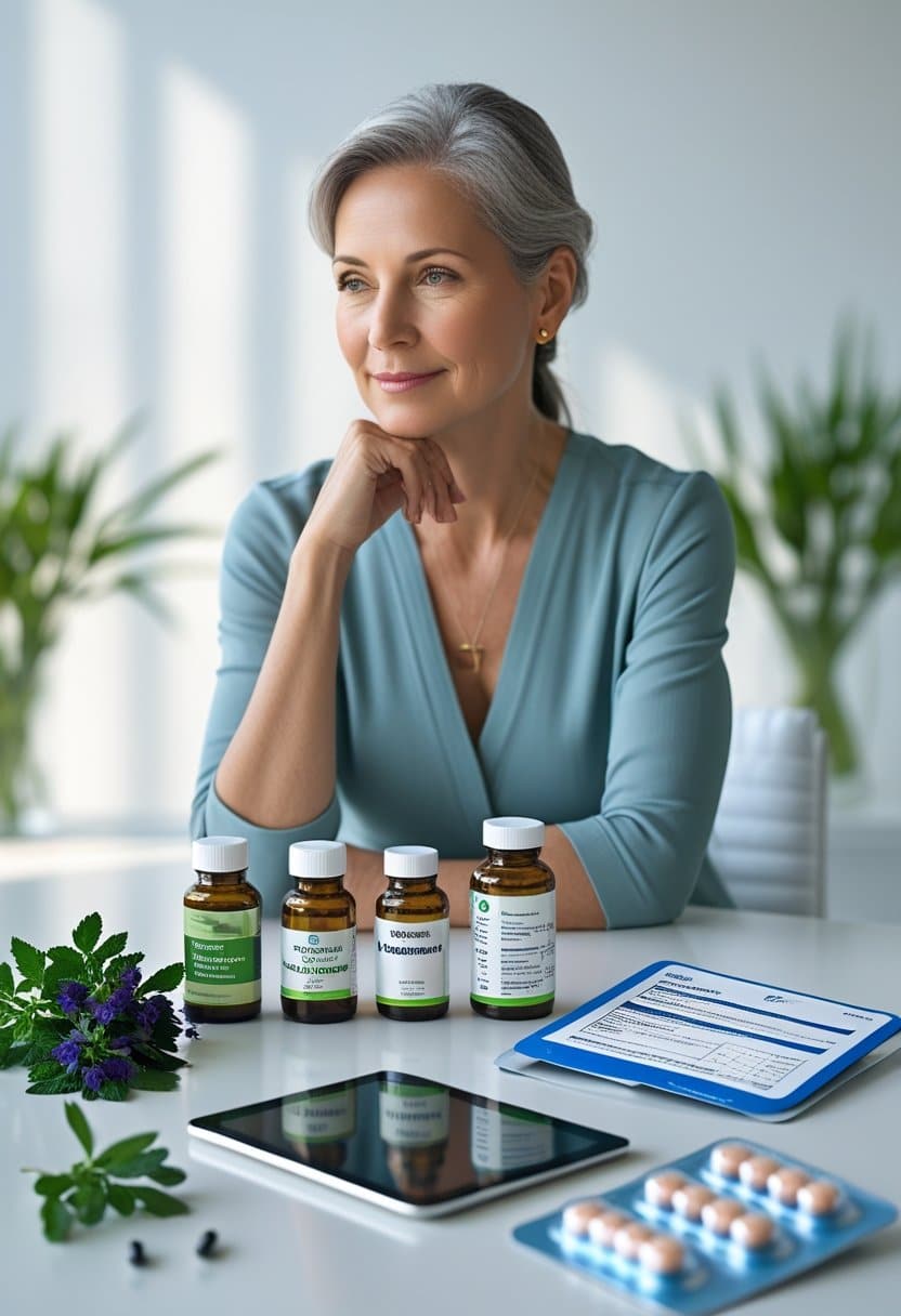A middle-aged woman sitting at a table with menopause supplements on one side and prescription hormone therapy items on the other, looking thoughtfully at both.