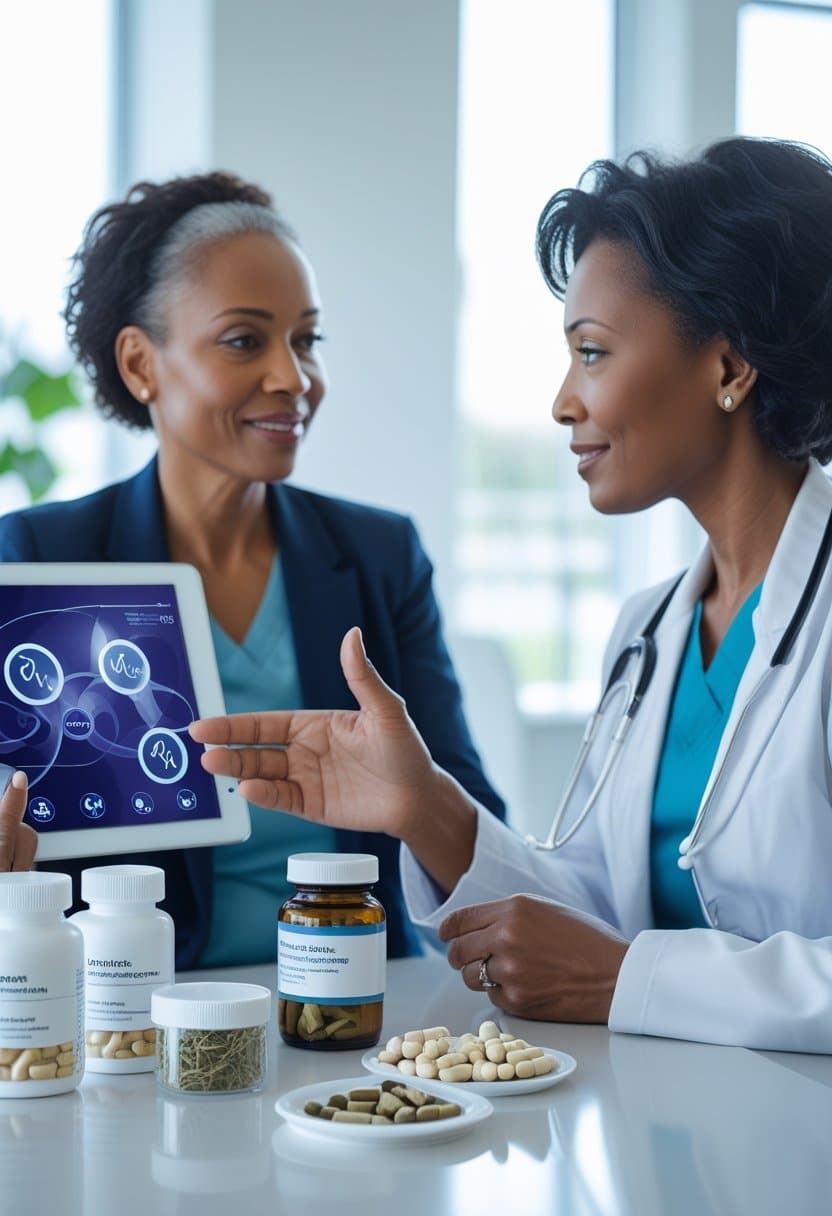 A middle-aged woman consulting with a female healthcare professional at a desk, discussing menopause treatment options with medication bottles and supplements present.