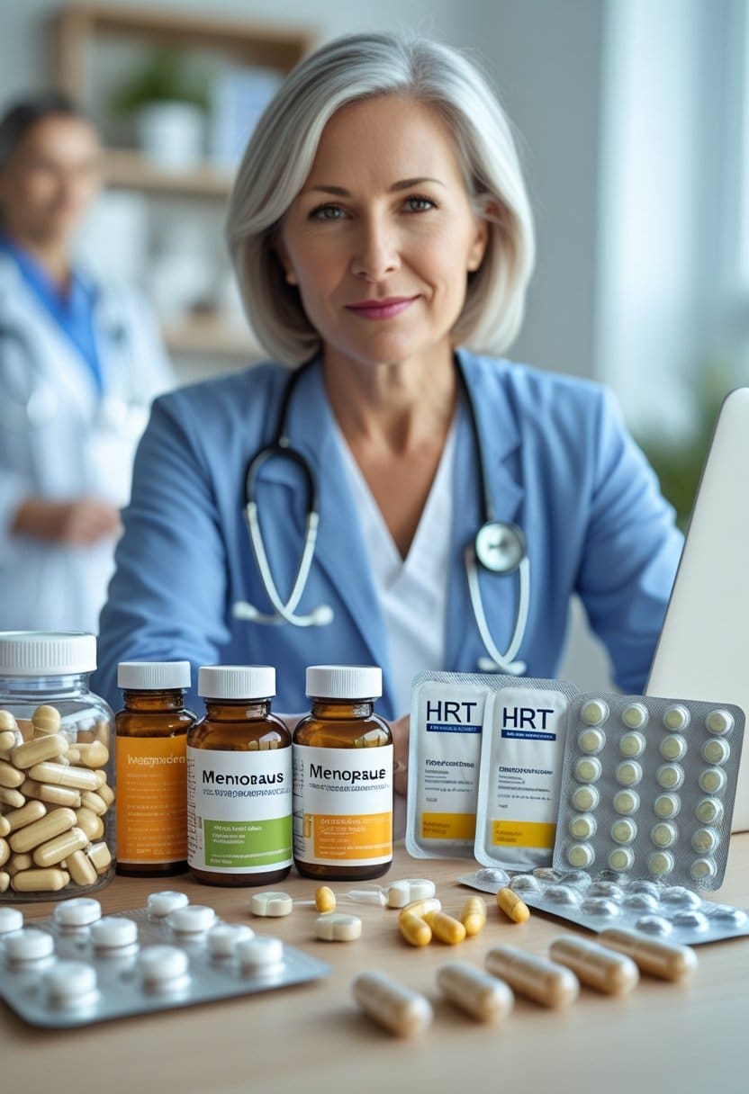 A middle-aged woman thoughtfully comparing menopause supplements and prescription hormone replacement therapy medications displayed on a table in a healthcare setting.