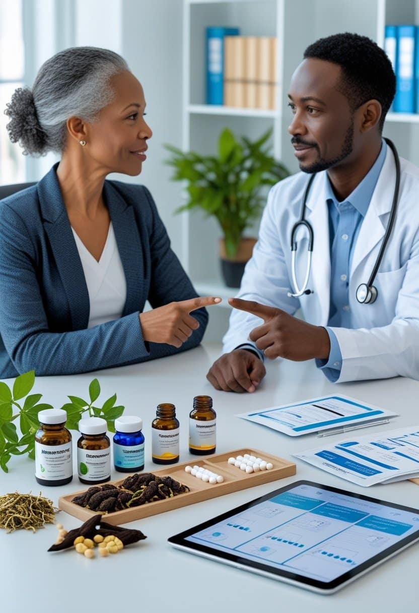 A middle-aged woman and a healthcare professional discussing menopause treatment options with supplements and prescription medications on the desk between them.