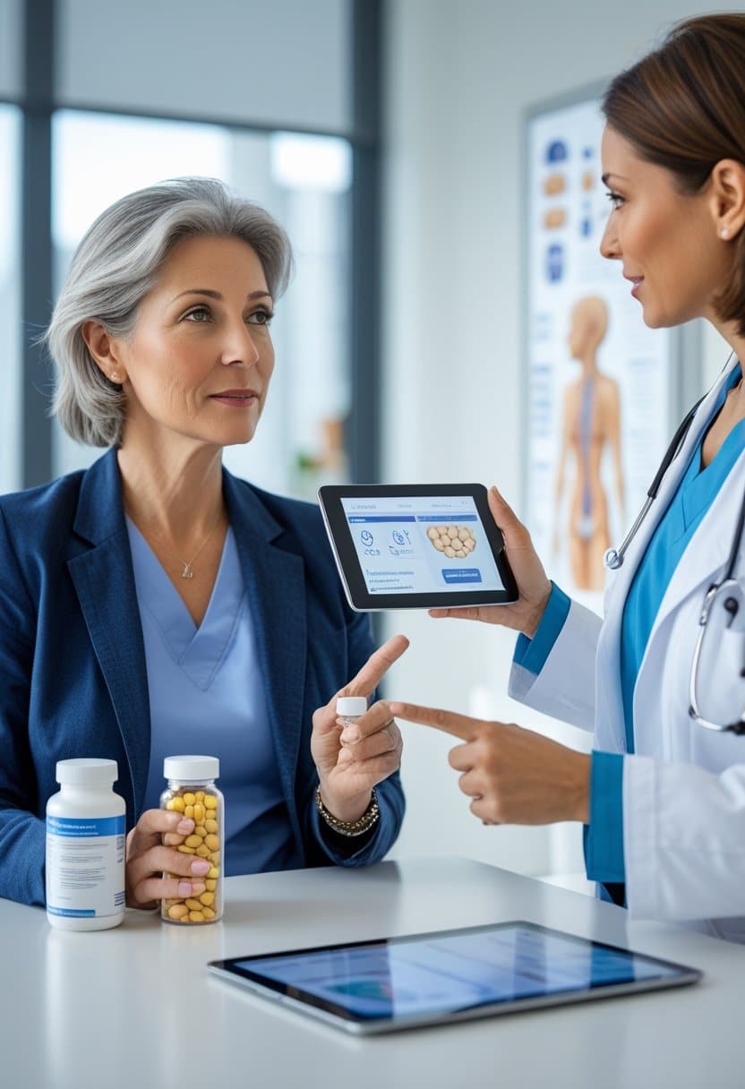 A middle-aged woman discusses menopause treatment options with a female healthcare professional in a medical office.