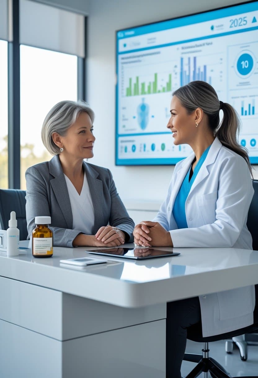 A middle-aged woman consulting with a female healthcare professional in a modern medical office, with menopause supplements and prescription medication on the desk.