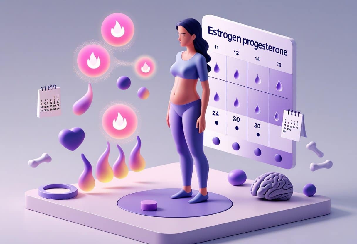 A midlife woman with highlighted reproductive organs surrounded by hormone molecules and icons representing menopause symptoms like hot flashes, mood changes, and bone health.