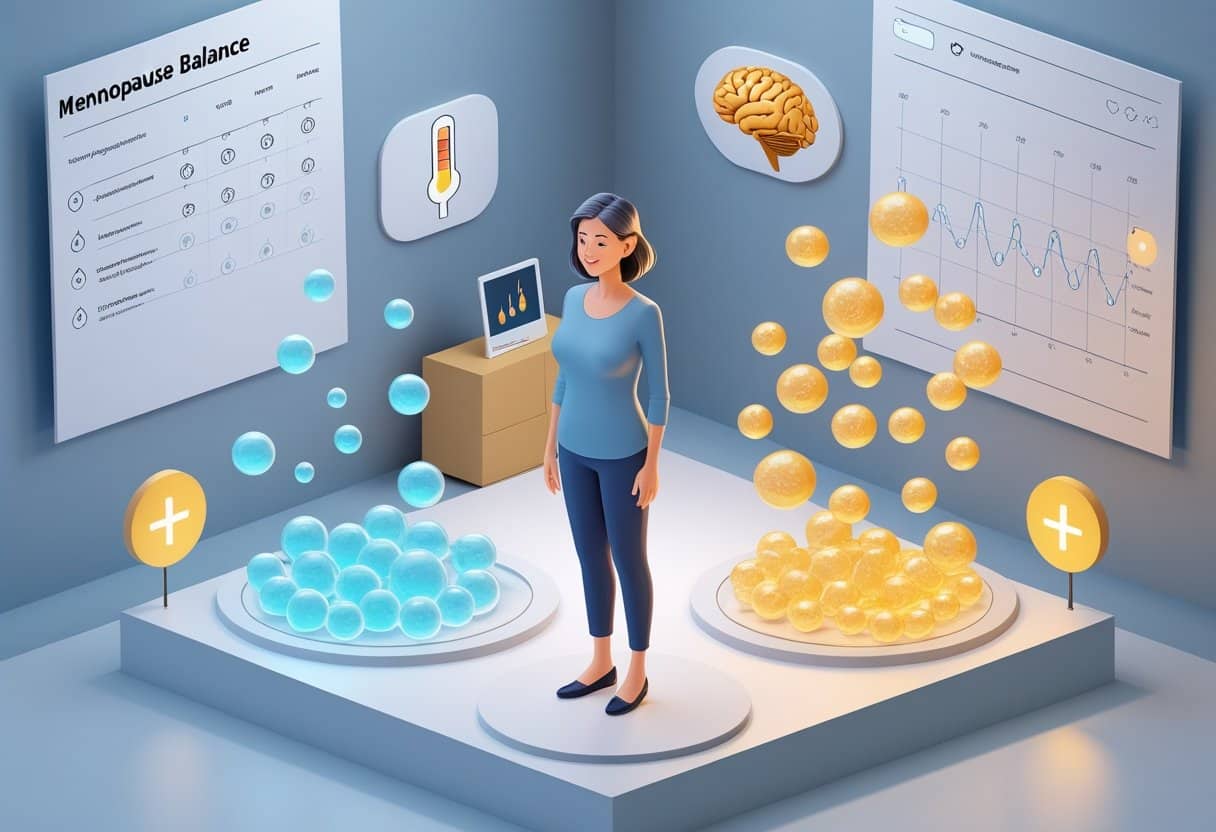 A middle-aged woman in a medical consultation room surrounded by glowing blue and golden orbs representing estrogen and progesterone, with icons symbolizing menopause symptoms and hormone balance.