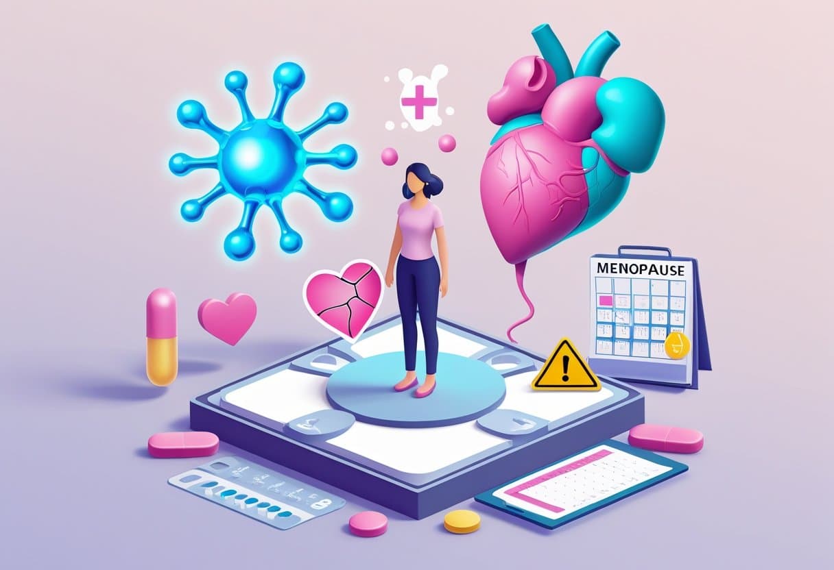 An illustration showing a woman surrounded by symbols representing estrogen and the absence of progesterone, with icons indicating health risks like heart problems and bone weakness.