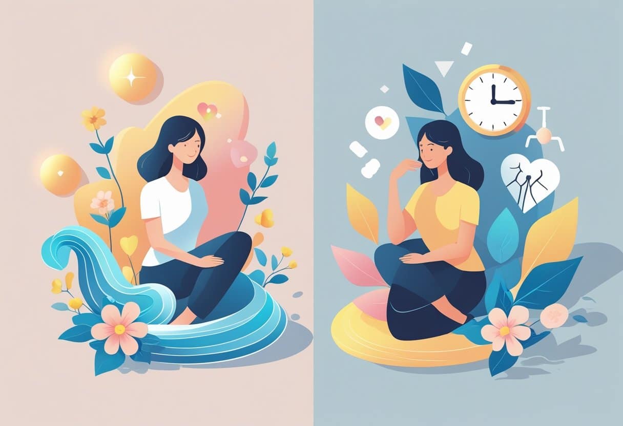 An isometric illustration showing a woman experiencing both positive and negative effects of estrogen-only therapy during menopause, with symbols representing health benefits on one side and potential risks on the other.