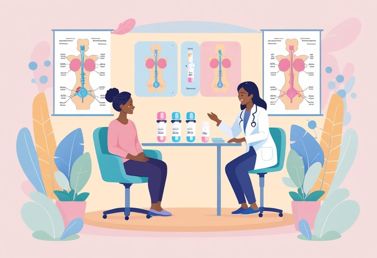 A middle-aged woman consulting with a healthcare professional in a clinic room, with visual elements representing estrogen and progesterone on the desk.