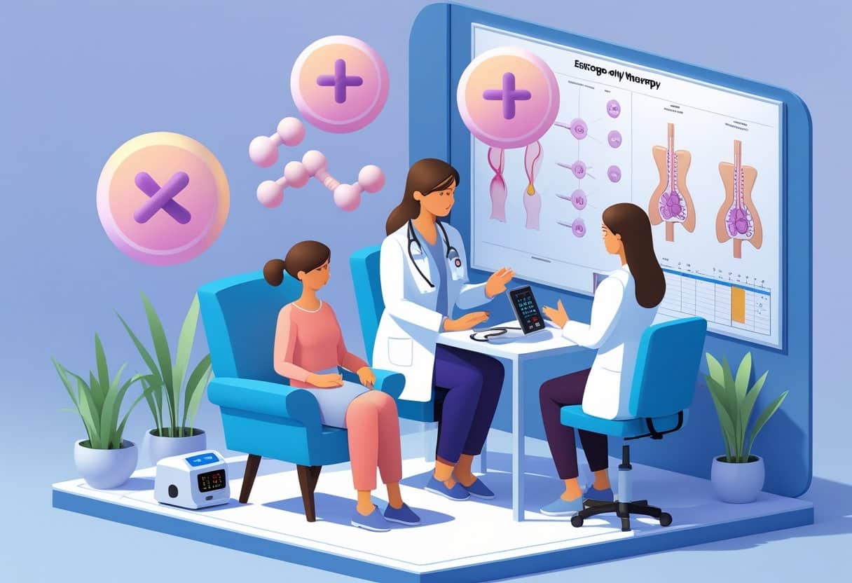 A female patient and doctor in a clinic discussing hormone therapy, with medical devices and hormone icons around them.