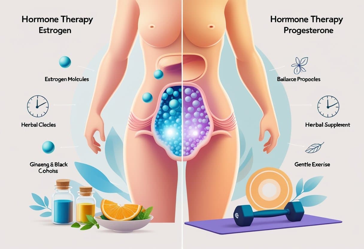 An isometric illustration showing a female torso with highlighted reproductive system, blue estrogen molecules interacting on one side and absence of progesterone on the other, surrounded by herbal supplements, healthy food, and exercise items.
