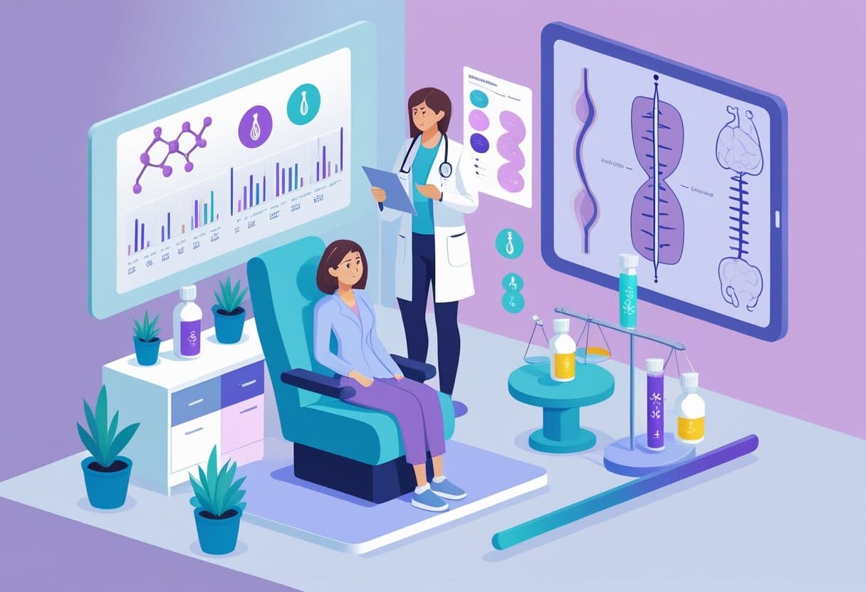 A female patient and a healthcare professional discussing hormone treatment in a clinic room with bottles representing estrogen and progesterone on a table, alongside medical icons and charts.
