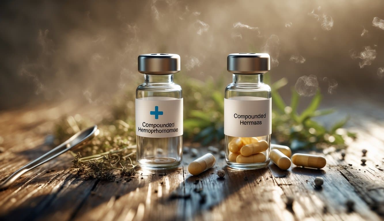 Two glass vials on a wooden table surrounded by dried herbs and capsules, representing a comparison between compounded hormones and FDA-approved hormone therapy.