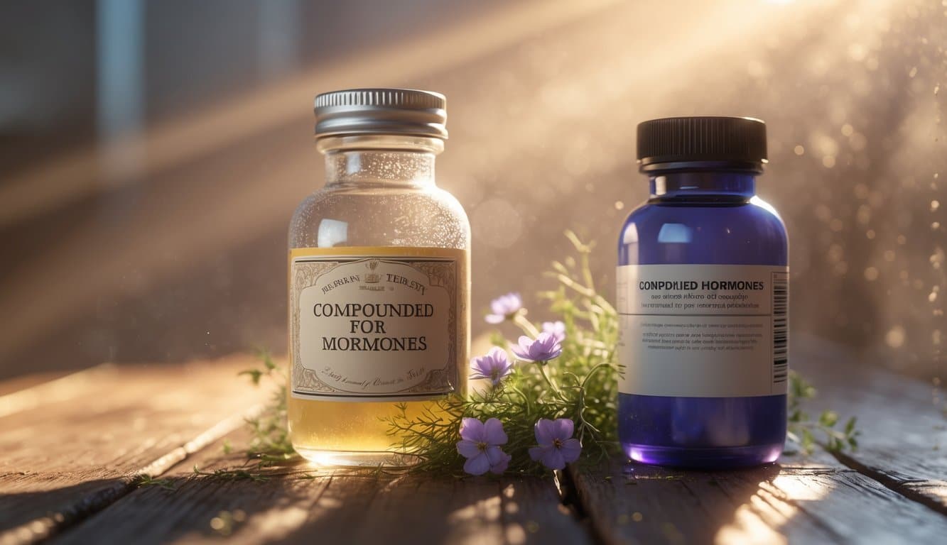 Two glass medicine bottles on a wooden table with natural herbs between them, softly lit with a blurred background.