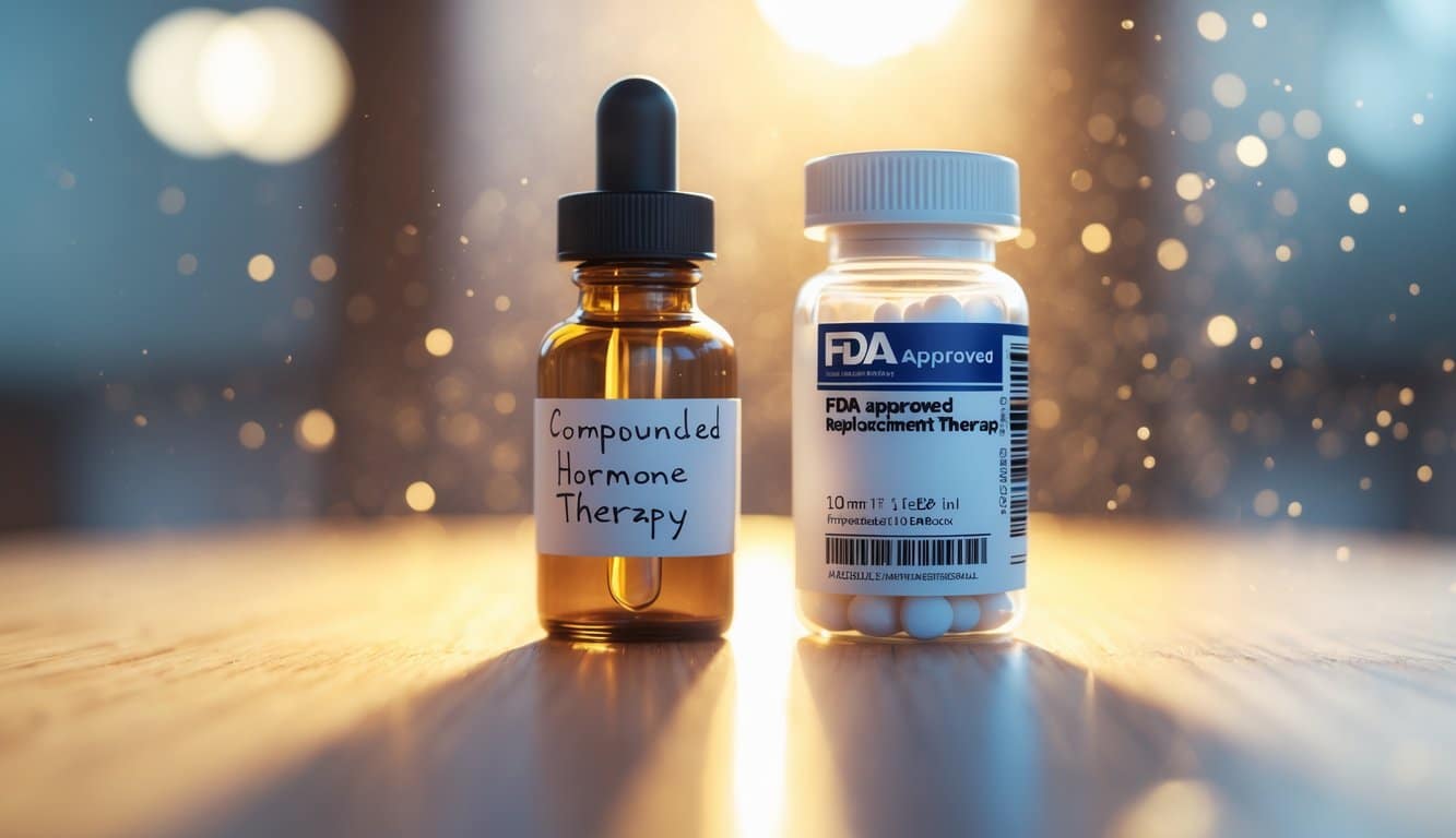 Two medicine bottles on a wooden table, one with a handwritten label and dropper, the other with a professional printed label, side by side in soft natural light.
