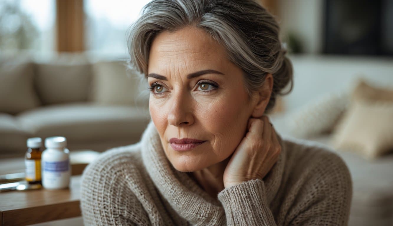 A mature woman sitting thoughtfully in a living room with medication bottles on a table nearby, reflecting on menopause treatment options.