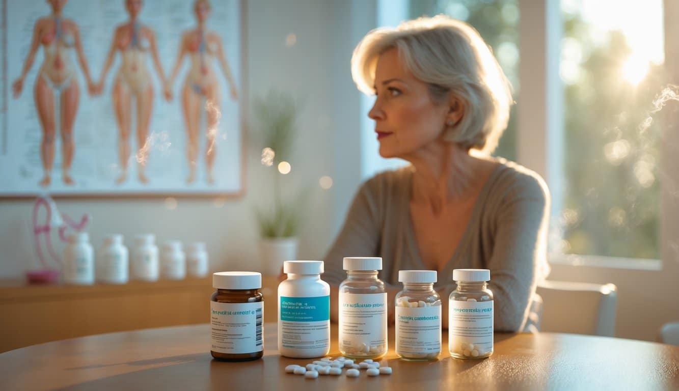 A middle-aged woman sits at a wooden table in a medical consultation room, looking thoughtfully at two sets of hormone therapy products, one FDA-approved and one compounded, with medical charts and models in the background.